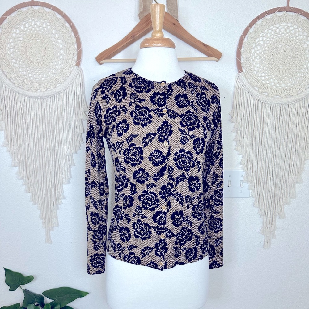 August silk black and tan long sleeve romantic goth floral print cardigan medium